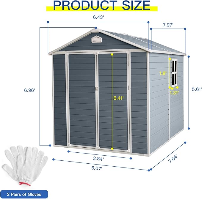 6 ft x 8 ft Resin Outdoor Storage, Plastic Garden Sheds with Floor and Lockable Door for Backyard, Lawn, Grey