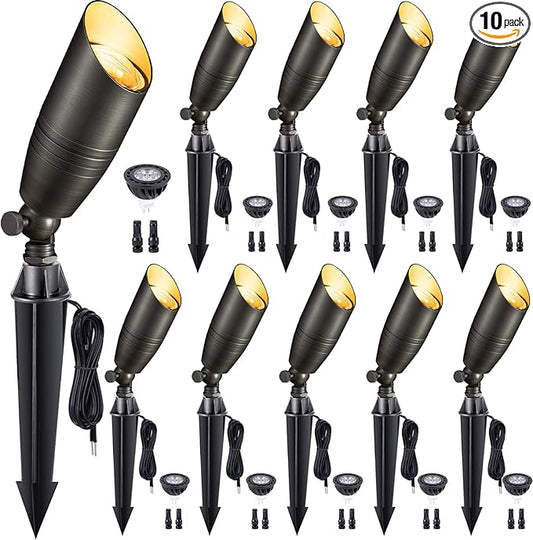 Gardenreet Low Voltage Spotlight LED - 12V Outdoor Light Fixture Weather Proof, Brass Landscape Lights Hardwired, Bronze for Flag Sign with Neutral White MR16 Removable Bulbs (10 Pack)
