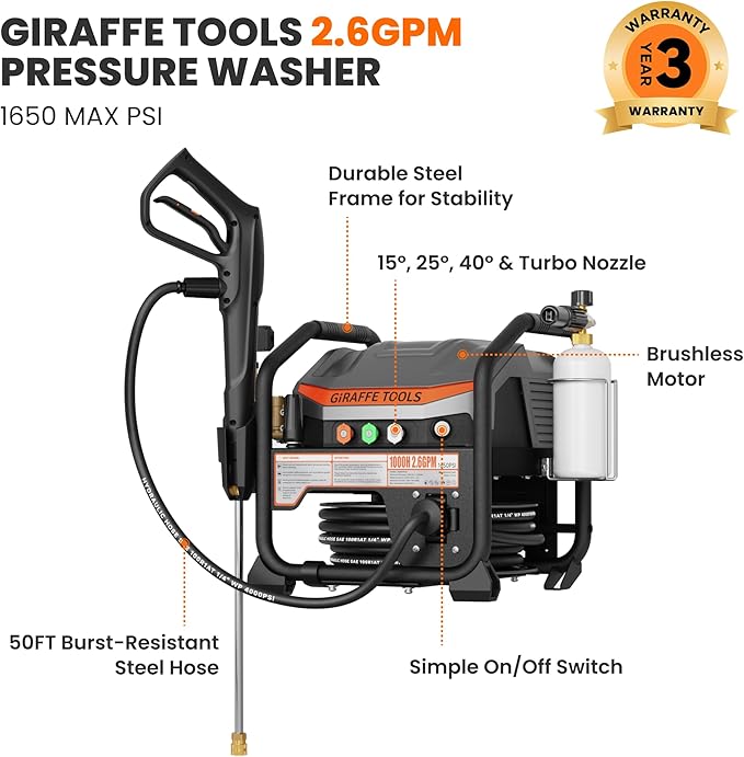 Giraffe Tools Commercial Electric Ultraflow Pressure Washer - Featuring 1000H All-Copper Pump, Dual Wall/Floor Mount, Brushless Motor, 60dB Low Noise, High Efficiency Cleaning Machine
