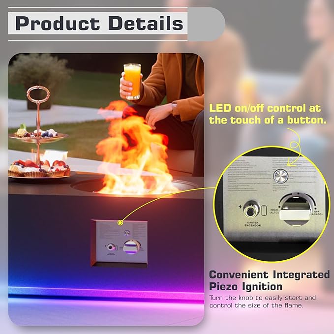 48 inch Propane Fire Pit Table LED, 2 in 1 Rectangular Outdoor Fire Pit with 20lb Tank Cover, Outside Patio Deck and Garden, Gas Fireplace Table with Lid and Stone, 50,000 BTU Adjustable Flame