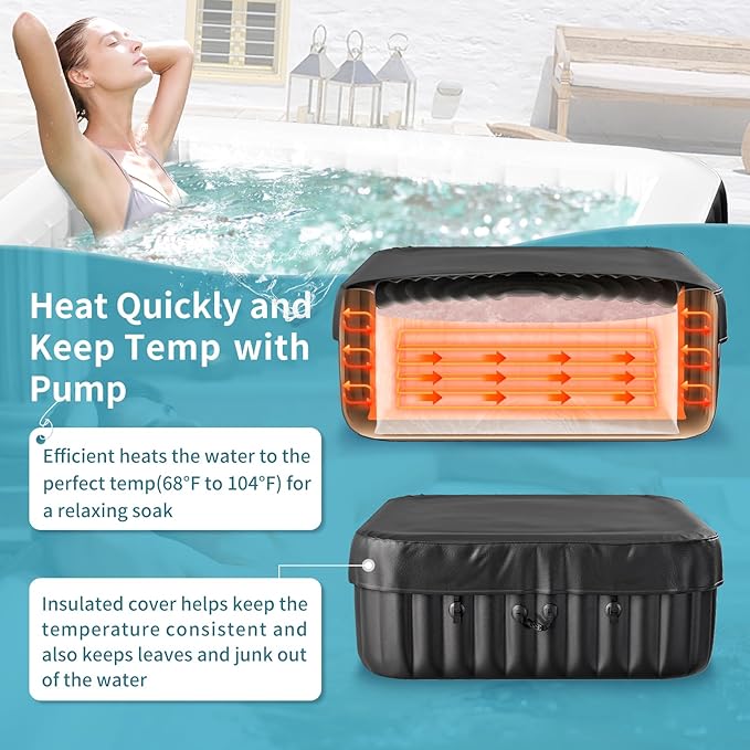Inflatable Hot Tub, 240 Gal Large Square Portable Blow Up Hot Tub, 4-6 Person Leak-Proof PVC Outdoor Spa with 120 Air Jets, Heater Pump and Insulated Cover, 73x25 Inch