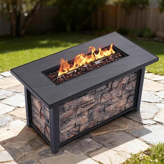 48 x 24 Inch Ceramic Tabletop Propane Fire Pit, 50000 BTU Fire Table with Metal Lid,Lava Rocks & Waterproof Cover, for Outside Patio, Deck, Garden&Backyards, Wide Top Surface, Christmas