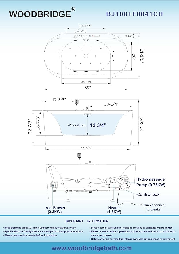 WOODBRIDGE 59" x 31-1/2" Whirlpool Water Jetted and Air Bubble Freestanding Heated Soaking Combination Bathtub with Faucet,BJ-100+F0041