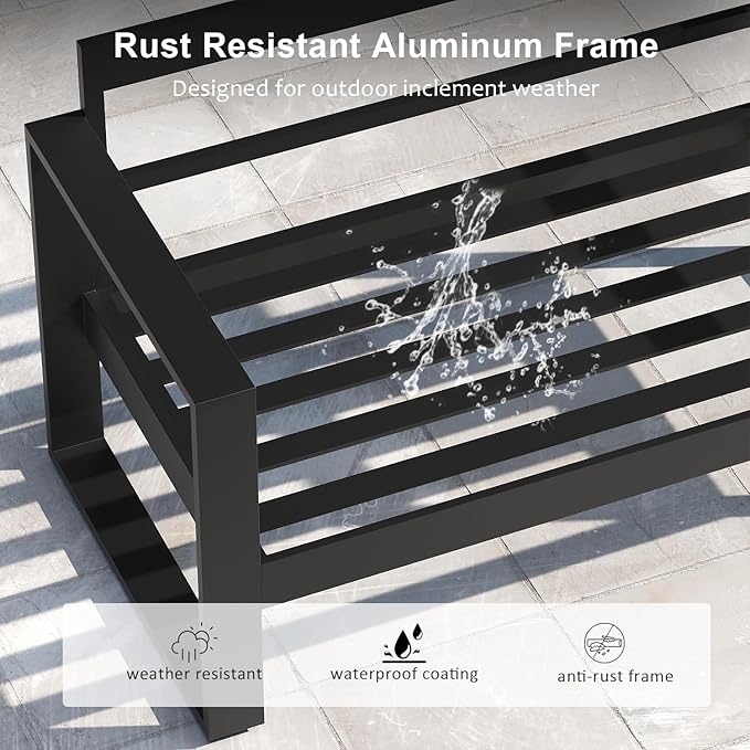LayinSun 4 Pieces Aluminum Outdoor Patio Furniture Set, Metal Modern Conversation Sofa Set with Fire Pit Table and Washable Thick Cushions for Porch, Backyard, Deck