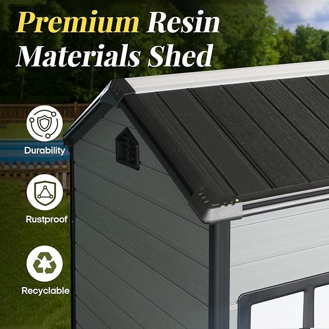 8x4ft Resin Outdoor Storage Shed with Floor and 2 Windows, Plastic Sheds & Outdoor Storage Clearance for Patio Furniture, GardenTools, Lawn Mower and Bike Accessories, Black+Grey