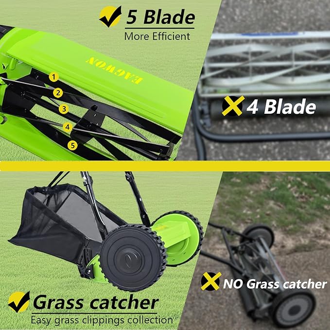 14-Inch 5-Blade Manual Push Reel Lawn Mower Cordless, with Removable Grass Catcher Bag & Adjustable Cutting Height, for Yard & Garden Grass Cutting