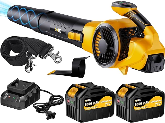 MOK Leaf Blower Cordless, 670CFM Electric Leaf Blowers with 2 x 6.0Ah Batteries and Charger, 3- Speed & Turbo Mode,1 x Rubber-Coated Snow Shovels, 1 x Shoulder Strap, Blowers for Lawn Care