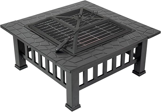 Outdoor Fire Pit Table, 32 inch Multifunction Metal Square Fire Pit in Black with Spark Screen Lid, Cooking Grate, and Protective Cover for Campfire, Outdoor Wood Burning, and Backyard by Sun-Ray