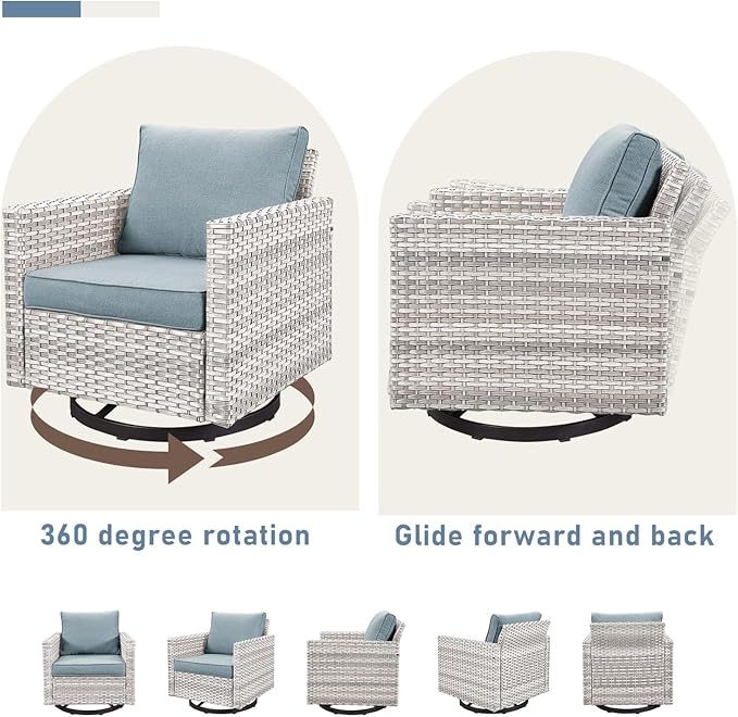 Wicker Patio Furniture Set：7 Piece Outdoor Patio Furniture Set with 2 Swivel Patio Chairs 2 Single Chairs a Coffee Table and 2 Ottomans, Light Grey Wicker/Light Blue Cushion