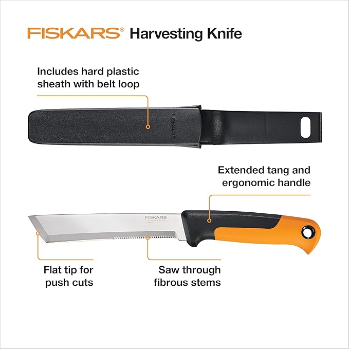 Fiskars Harvesting Knife, Gardening Gifts for Women, Serrated Edge Hand Tool with Sheath, Orange/Black