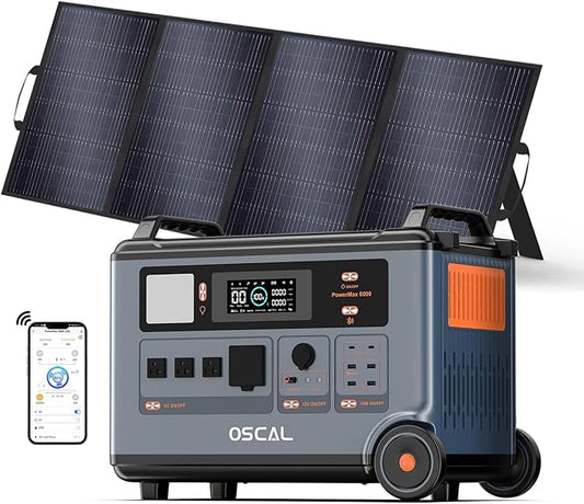OSCAL PowerMax 6000 Solar Generator with 400W Solar Panel, 120V/240V Split Phase Voltage 6000W AC Outlets (9000W Peak), 2200W AC Charging/2400W PV Charging for Home, Emergency, Bank Battery Backup