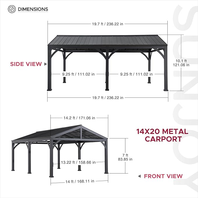 SUNJOY Carport 14 ft. x 20 ft. Hardtop Gazebo Heavy Duty Garage Car Shelter with Brown Powder-Coated Steel Roof/Black Frame and 2 Ceiling Hooks, Shade for Backyard, Patio Lawn and Garden