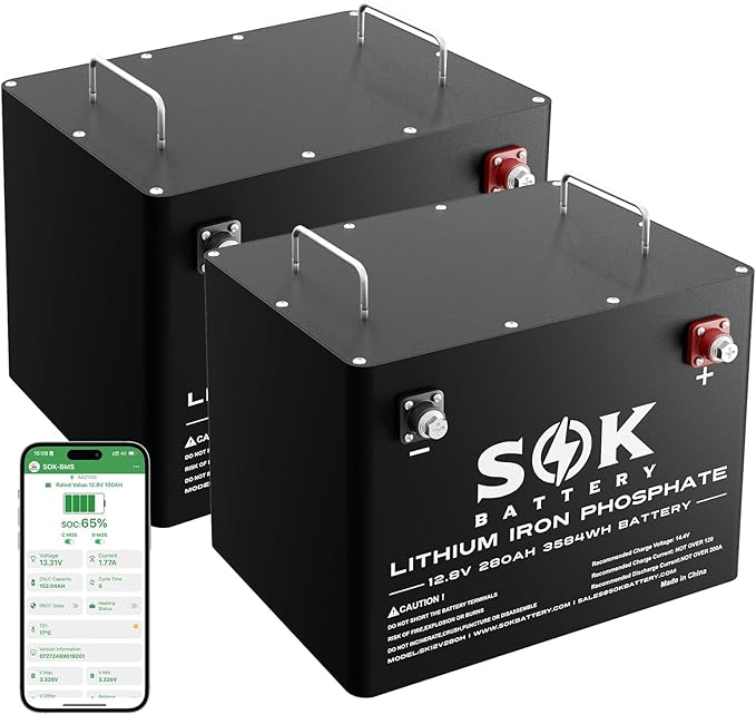 SOK Battery 280Ah 12V 2-Pack LiFePO4 Lithium Iron Phosphate Deep Cycle Battery, perfect for your RV or any off-grid application, low temperature disconnect, built-in heater.