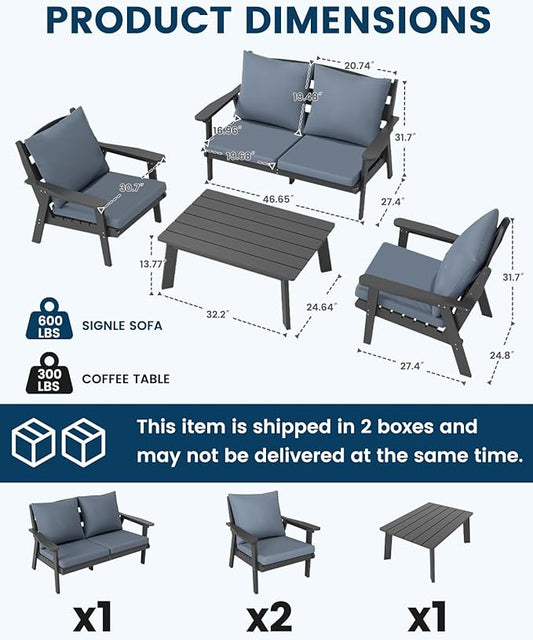 FOOWIN 4-Piece Patio Furniture Set, HDPE All-Weather Outdoor Conversation Set with Thick Cushions, Sectional Patio Sofa Furniture for Deck, Porch, Lawn, Garden, Grey Frame & Grey Cushion