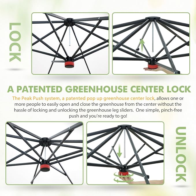 EAGLE PEAK 10x10 Portable Pop Up Greenhouse, Patented Center Lock Easy One Person Setup, Walk-in Outdoor Greenhouse with Gable Roof, Weight Bags, Zippered Doors & Windows - Winter Support Pole, Green