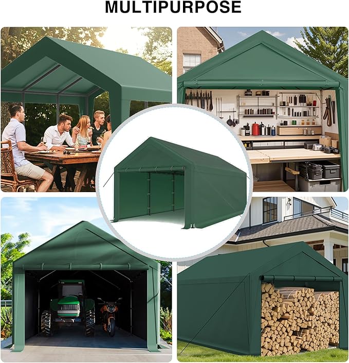 Carport Canopy 10x20 Heavy Duty, Portable Carport Garage with Removable Sidewalls and Door, Car Port with Waterproof Canopy for All Season (Green)