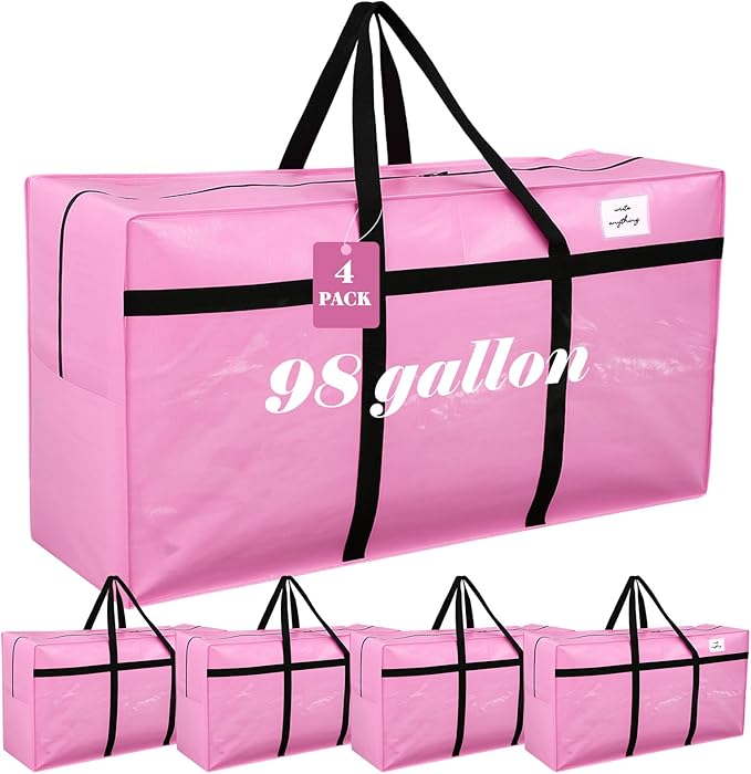 Windyun 4 Pack 98 Gallon Extra Large Storage Bags XXL Moving Bags with Zipper Handles Heavy Duty Jumbo Big Tote Box for Christmas Tree Storage 4, 5, 7.5, 9, 10, 12 ft Skeleton College Dorm(Pink)