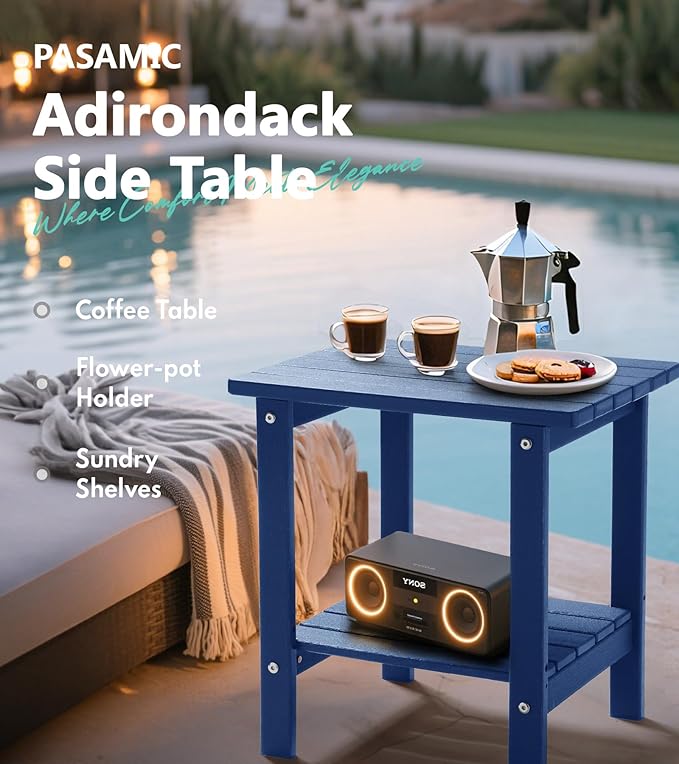 PASAMIC 2-Tier Adirondack Square Outdoor Side Table, HDPE Small Outdoor Table, Patio End Table for Patio, Pool, Backyard, Weather-Resistant (Navy Blue)