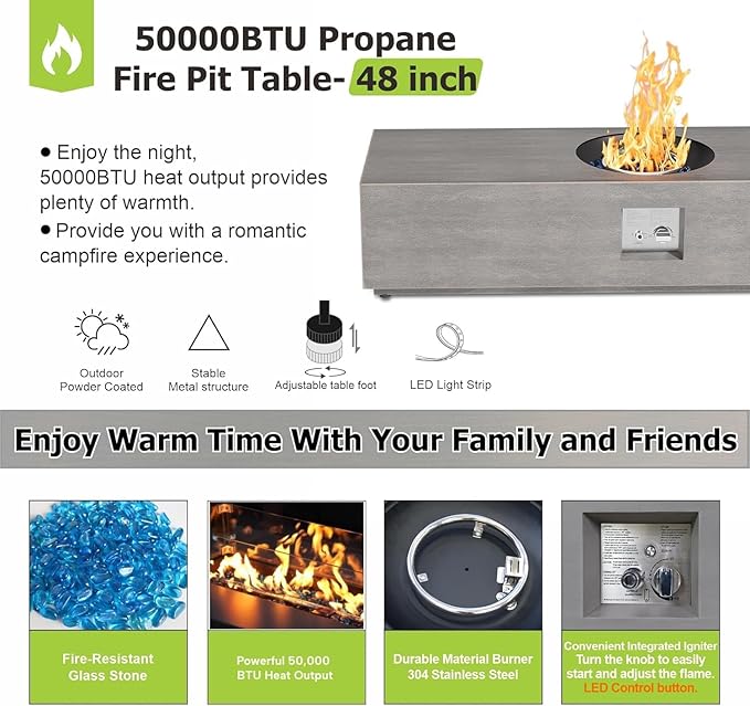 48 inch Propane Fire Pit Table, 2 in 1 Outdoor Fire Pit with 20lb Tank Cover, Outside Patio Deck and Garden, LED Gas Fireplace Table with Lid and Stone, Grey, RGB Light