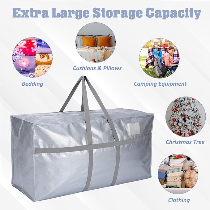 Windyun 4 Pack 69 Gallon Extra Large Storage Bags XXL Moving Bags with Zipper Handles Heavy Duty Jumbo Big Tote Box for Christmas Tree Storage 4, 5, 7.5, 9, 10, 12 ft Skeleton College Dorm(Silver)