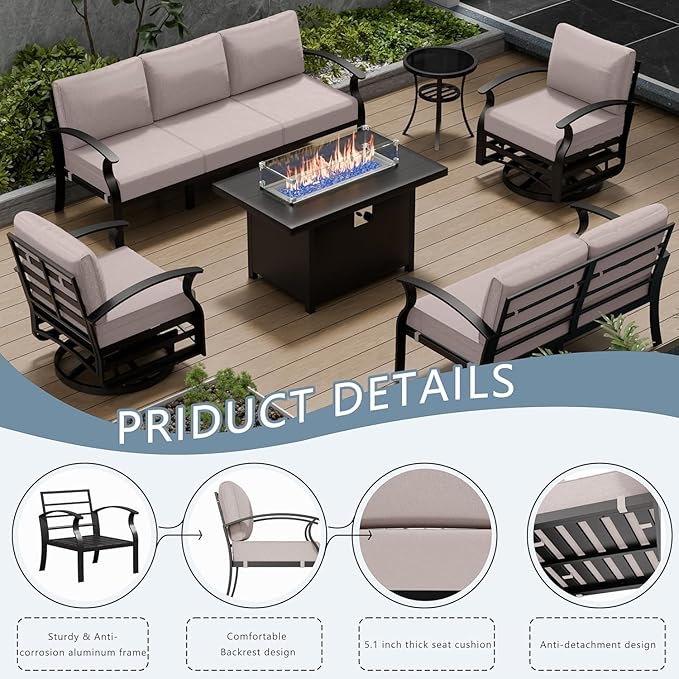 Aluminum Outdoor Furniture Set with Fire Pit Table, 7-Seat Patio Conversation Set Including Swivel Rocker Chairs & Sectional Sofas, All-Weather Metal Frame for Deck, Porch, Backyard,Sand