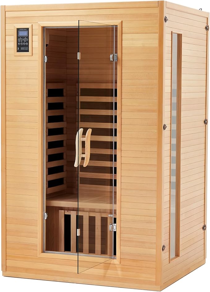 2024 Upgrade 2 Person Sauna, Low EMF 6 Heating Plate Infrared Physical Therapy Wooden Dry Steam Sauna with MP3 Auxiliary Connection, Dual Controls, Iron Shirt Wall Plate, Home Spa Day Use, Gift
