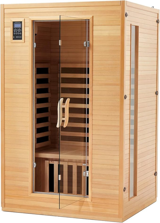 2024 Upgrade 2 Person Sauna, Low EMF 6 Heating Plate Infrared Physical Therapy Wooden Dry Steam Sauna with MP3 Auxiliary Connection, Dual Controls, Iron Shirt Wall Plate, Home Spa Day Use, Gift