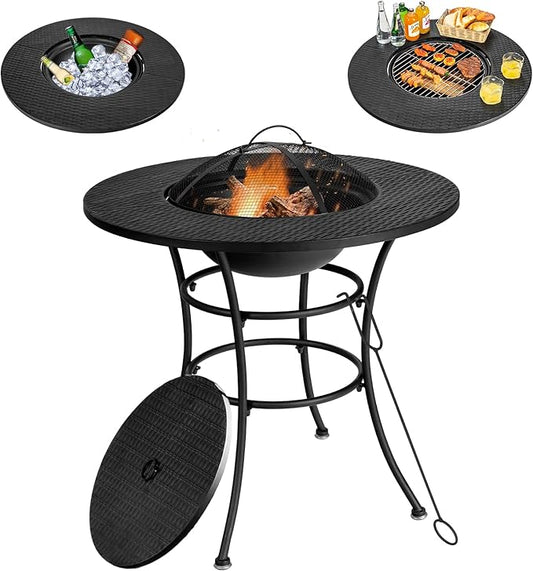 Tangkula 32 Inch Outdoor Fire Pit Dining Table, 4-in-1 Round Wood Burning Fire Pit Bowl, Patio Steel Firepit for BBQ, Bonfire, Camping, Includes Fire Poker, Cover, Grill, Log Grate, Spark Screen Cover