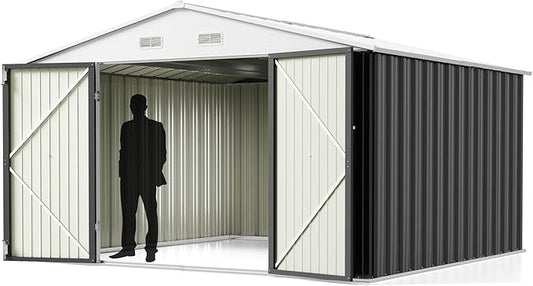 Greesum 10x10FT Outdoor Storage Shed, Utility Tool Shed Metal Storage Garden Shed with Door & Lock for Patio Storage, Gray