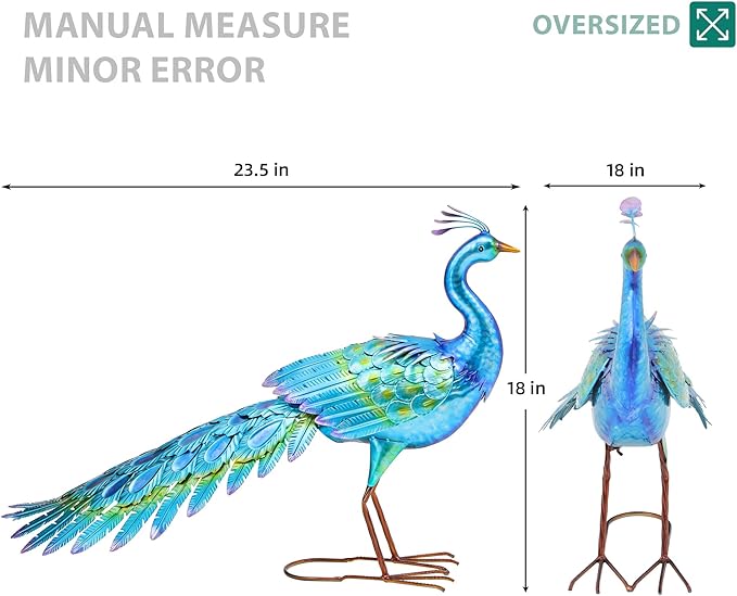 Ultym 31" Metal Peacock Yard Decor - Handmade Oversize Peacock Sculptures with Stable Ground Stakes, Backyard Decoration, Metal Garden Art