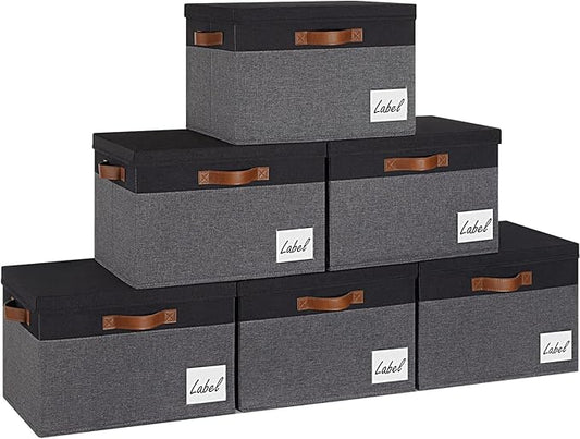 GhvyenntteS Extra Large Storage Bins with Lids 6 Pack, Foldable Fabric Storage Boxes with Lids and 3 Leather Handles, Storage Baskets with Label Window (Grey&Black, 15.75x11.8x10.2)