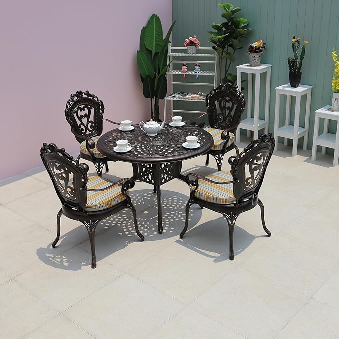 FAPOLITE Outdoor Table Cast Aluminum Round Patio Table with Umbrella Hole All Weather Outdoor Dining Tables for Lawn Garden Backyard (106cm Woven Round Table)