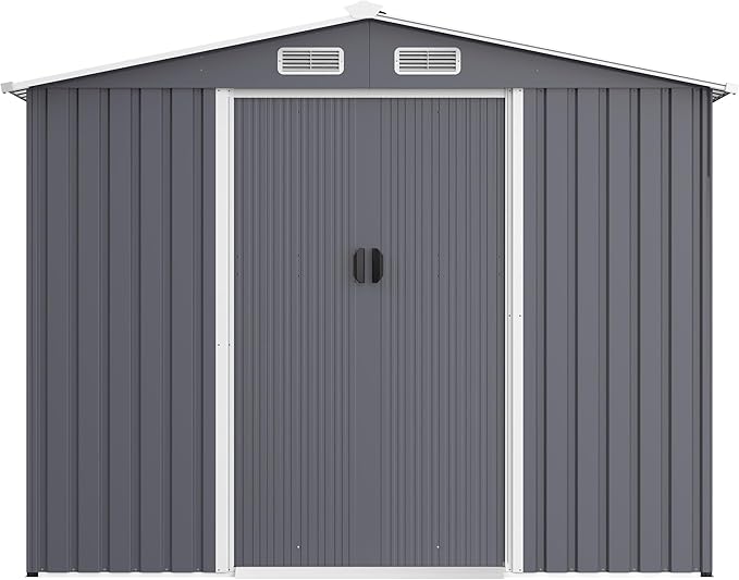 Outdoor Storage Shed 8 x 12 FT Large Metal Tool Sheds, Heavy Duty Storage House with Sliding Doors with Air Vent for Backyard Patio Lawn to Store Bikes, Tools, Lawnmowers Grey