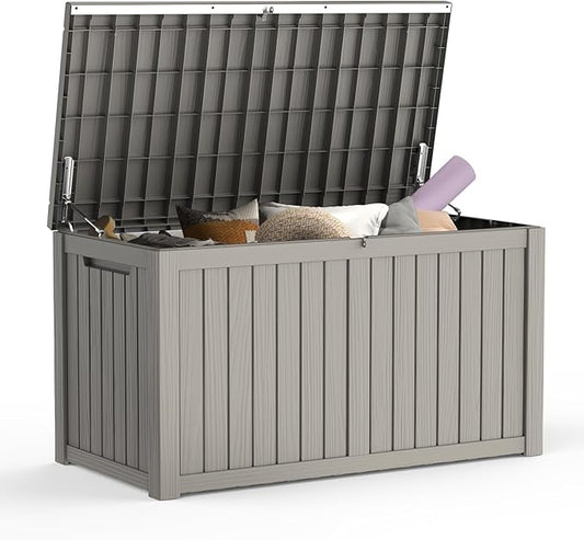 Mars Villa 180 Gallon Outdoor Storage Box, Large Waterproof Resin Deck Box for Patio Furniture Cushions, Pool Supplies, Gardening Tools, Lockable, Weatherproof and UV Resistant, Light Brown