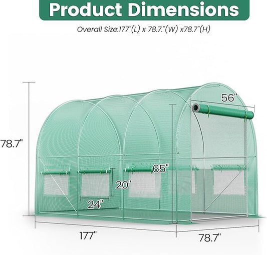 Walk-in Greenhouse 15×7×7FT, Outdoor Tunnel Greenhouse, Large Plant Hoop House for Outside, Hot House for Winter with 6 Ventilated Mesh Windows, Galvanized Steel Frame (Green, 15×7×7FT)