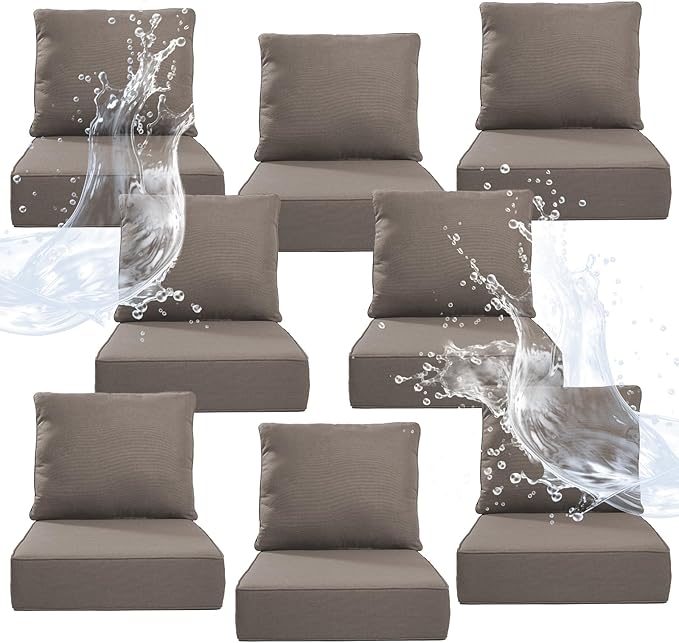 6" Thicker Outdoor Chair Cushion 8 Sets - 24" *24" *6" Waterproof Patio Furniture Cushions with Removable Cover, 28D High Density Sponge Filling Thicken Outdoor Patio Cushions - Grey