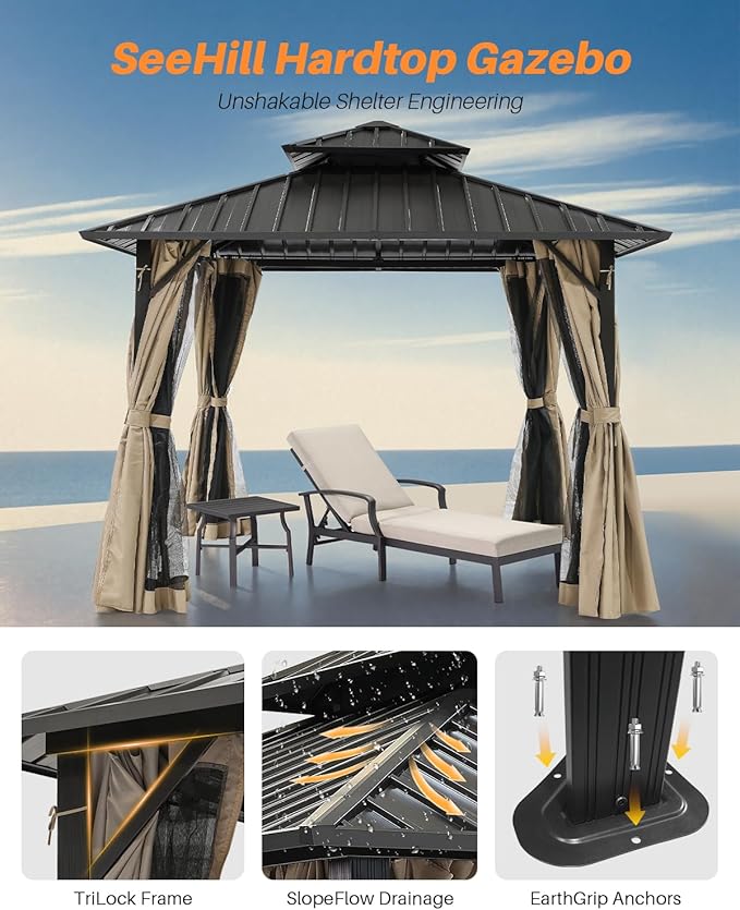 SEEHILL 12' x 12' Hardtop Gazebo, Aluminum Frame Patio Hardtop Gazebos with Netting and Curtain, Outdoor Patio Pergola, Outdoor Patio Gazebo with Double Metal Roofs for Lawns, Garden, Deck, Sandstone
