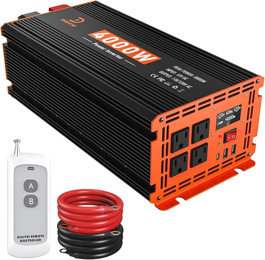 4000W Power Inverter 12V DC to 110V/120V AC Converter for RV/Truck/Boat/Camping/Off-Grid Solar Car Power Inverter Peak Power 8000W with 4 AC Outlets,USB & Type-C Port, Remote Controller & LCD Screen