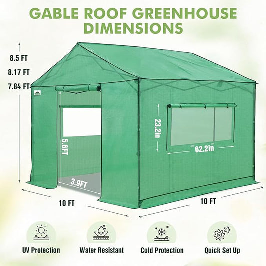 EAGLE PEAK 10x10 Portable Pop Up Greenhouse, Patented Center Lock Easy One Person Setup, Walk-in Outdoor Greenhouse with Gable Roof, Weight Bags, Zippered Doors & Windows - Winter Support Pole, Green