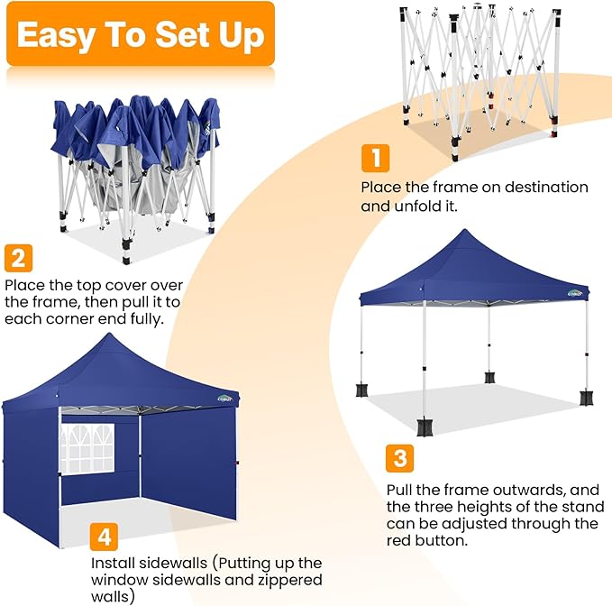 COBIZI 10x10 Pop Up Canopy with 3 Sidewalls, Canopy Tent 10x10 for Parties, Backyard, Commercial, Waterproof and Portable Instant Shelter UV50+ Ez Outdoor Canopy Gazebo with 4 Sandbags(Dark Blue)