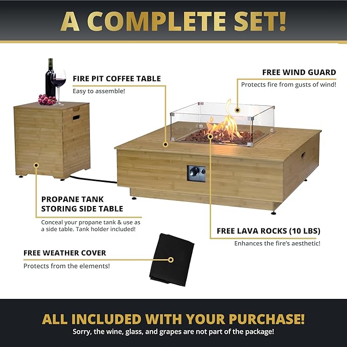 43" Gas Fire Pit Table with Propane Tank Cover Table Wood Grain Design Square Includes Lava Rocks and Weatherproof Cover for Outdoor Patios Parties Garden 50,000 BTUs CSA Certified
