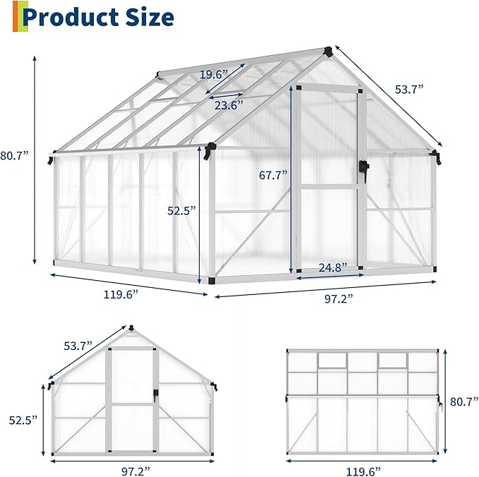 IDEALHOUSE 8X10 FT Greenhouse for Outdoors, Lockable Door and Ajustable Roof Vent, Polycarbonate Greenhouse with Water Gutter System, Aluminum Walk-in Greenhouses, for Backyard, Lawn