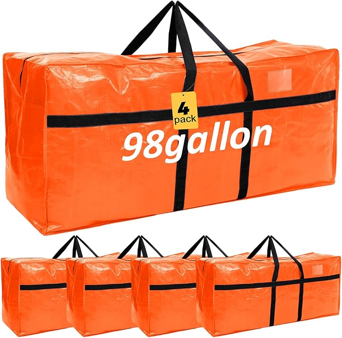 Windyun 4 Pack 98 Gallon Extra Large Storage Bags XXL Moving Bags with Zipper Handles Heavy Duty Jumbo Big Tote Box for Christmas Tree Storage 4, 5, 7.5, 9, 10, 12 ft Skeleton College Dorm(Orange)