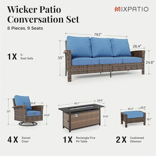 8-Piece Wicker Patio Furniture Set with Swivel Chairs, High Back Outdoor Furniture with 57'' Fire Pit Table, All-Weather Wicker Patio Conversation Set for Deck Yard Pool, Navy Blue