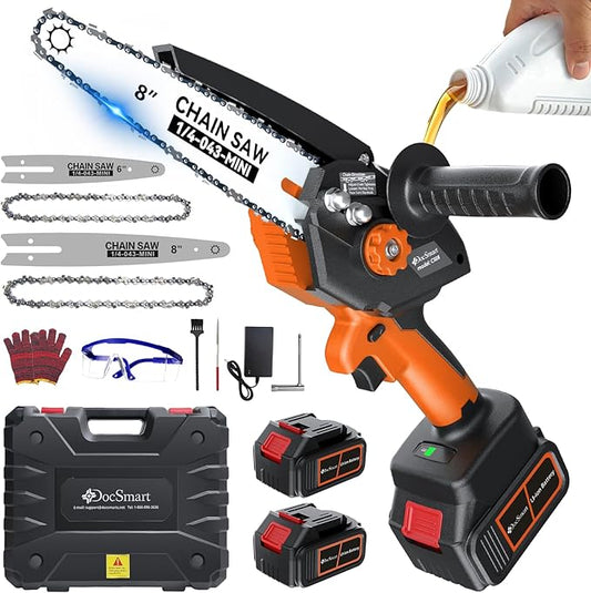 DocSmart Mini Chainsaw Cordless, 8 inch & 6 inch Electric Chain Saw with 2pcs 4000mAh Batteries, Battery Powered Handheld Saw for Trees Trimming Wood Cutting, Ideal Gift for Men Dad Husband, Orange