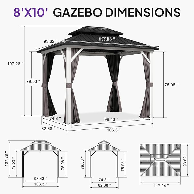PURPLE LEAF 8' X 10' Hardtop Gazebo Metal Double Roof White Aluminum Frame Outdoor Heavy Duty Gazebo with Curtain and Netting for Patio Garden and Backyard, Grey