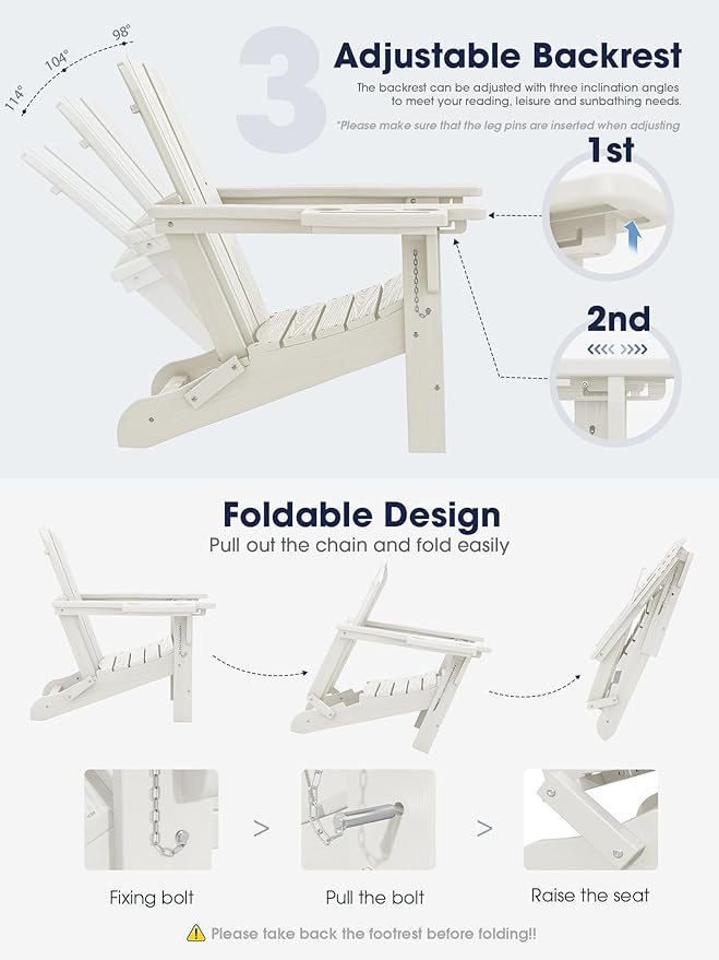 KINGYES Adjustable Folding Adirondack Chair with Footrest & 4-in-1 Multi-Functional Armrest Organizer Set of 4, HDPE Foldable Reclining Adirondack Chair with Pull-Out Ottoman, White