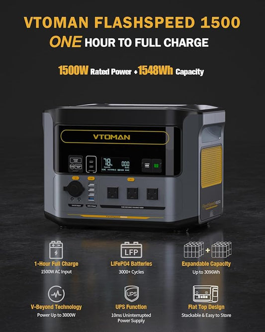 VTOMAN FlashSpeed 1500 Portable Power Station with 200W Pro Solar Panel, 1548Wh LiFePO4 Solar Generator, 1 Hour Fast Charge, 1500W AC Output for Off-Grid, Camping, RV and Home Backup, Emergencies