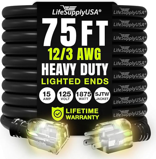 75ft Outdoor/Indoor Extension Cord 12/3 Gauge Extra Heavy Duty 3 Prong SJTW, Waterproof, Flexible Cold-Resistant Long Power Cord,15A 125V 1875W, Black by LifeSupplyUSA