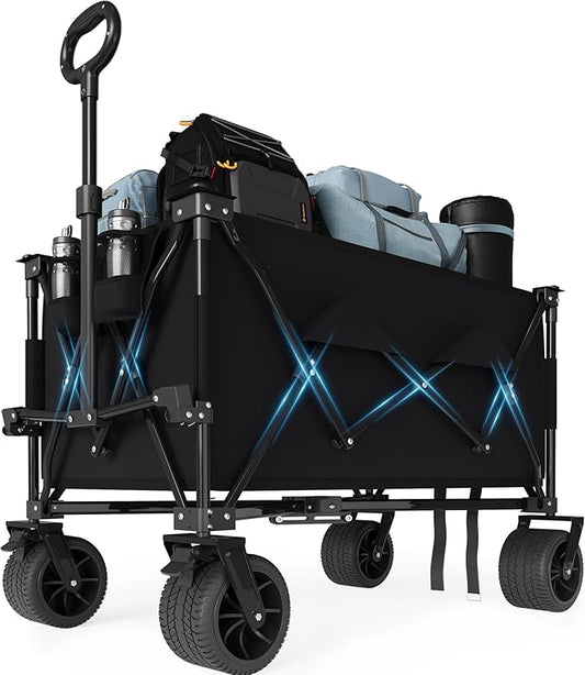 35" Foldable Wagon for Beach with 350lbs Weight Capacity, Heavy Duty 280L Extra Large Collapsible Foldable Wagon for Camping, All Terrain Beach Wagons Extended with Cup Holders for Sand